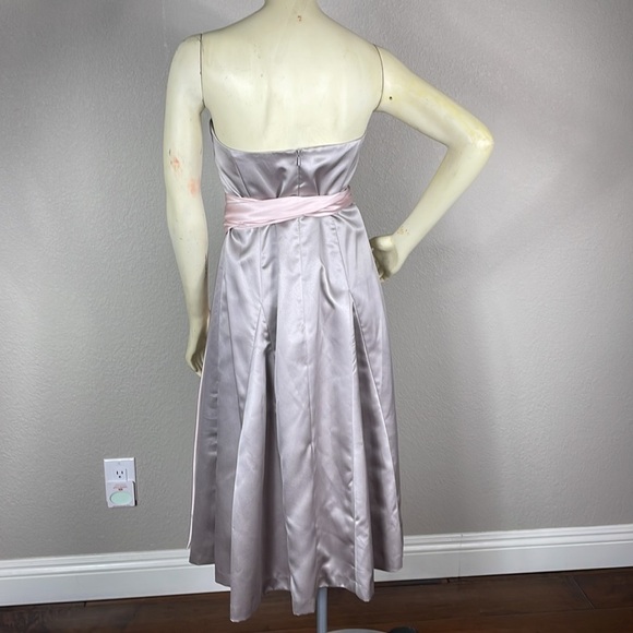 After Six Strapless Bridesmaid Dress Tea Midi Silver with Pink Waist Sash 10 - Picture 5 of 13